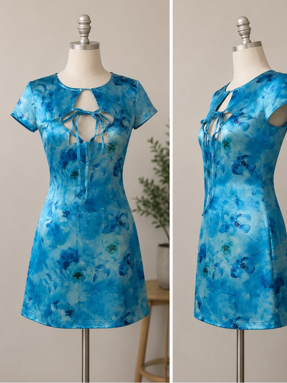Blue Floral Tie-Neck Short Sleeve Dress